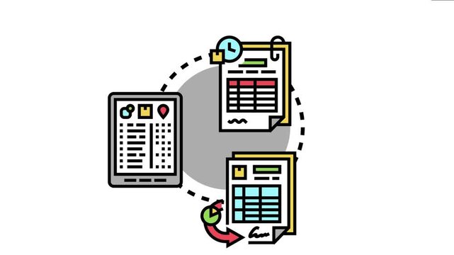 Inventory management system the flow of updated stock information on documents and a tablet, ensuring data availability for business operations