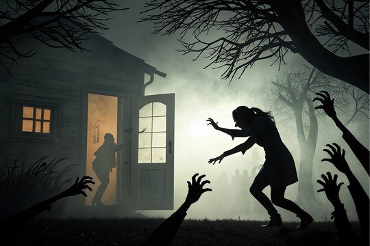 Scared Woman Escaping from Zombies and Reaching Hands Near a Cabin