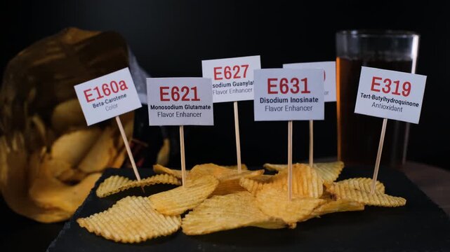 Several potato chips rotate on black slate with E160a, E627, E621, E330, E631 and E319 labels beside a blurred drink. Processed snack warning concept