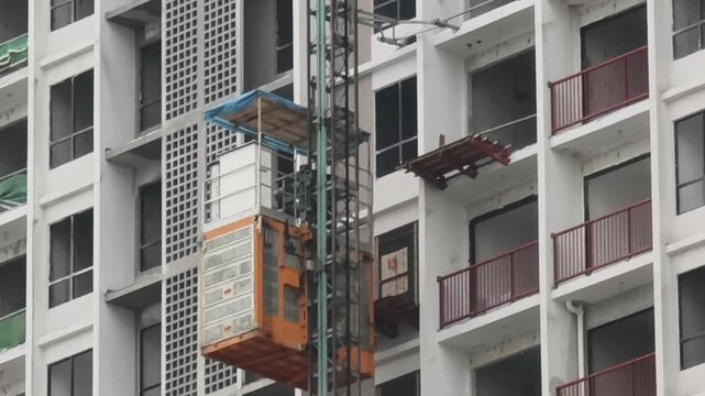 Exterior construction hoist elevator ascending a high-rise building undergoing facade renovation and restoration work.