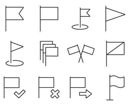 Minimalist flag icon set, 12 black line vector symbols for maps and navigation, modern outline flag collection for UI design