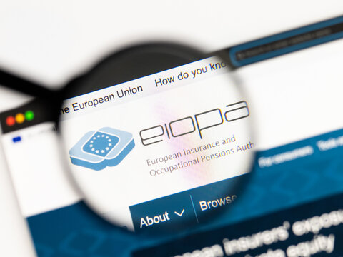 Milan, Italy 2026, 15 AGO Closeup of EIOPA European Insurance and Occupational Pensions Authority website page on a laptop screen.