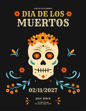 D&iacute;a de Muertos, the Mexican Day of the Dead vector invitation: cempasuchil flower, calavera, fiesta, Hispanic tradition holiday, death ornament, D&iacute;a culture: sugar skull, flowers, festive typography.