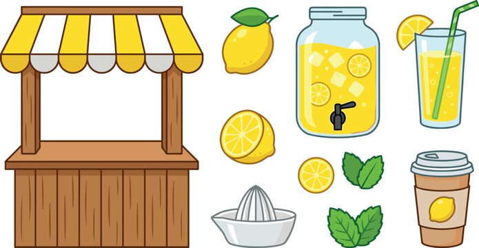 Fresh Lemonade Stand Vector Element Set featuring Wooden Kiosk, Drink Dispenser, Squeezed Juice, Ice Cubes, Mint Leaves, and Whole Lemon Fruit Graphic Designs