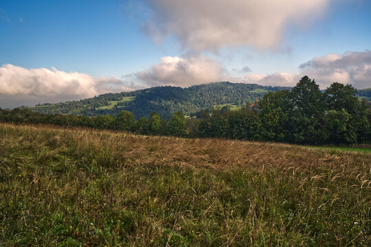 Early autumn Silesian Beskids mountains above Vendryne village on czech-polish borderland