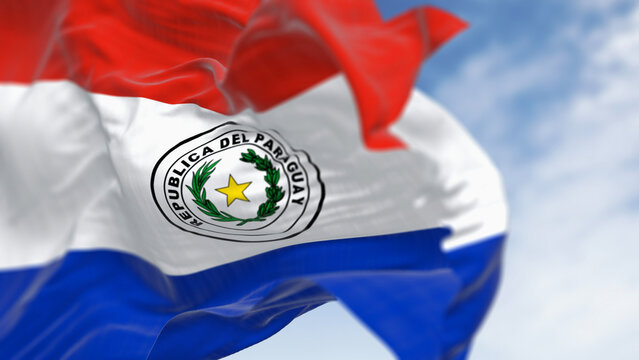 Paraguay national flags waving on a clear day