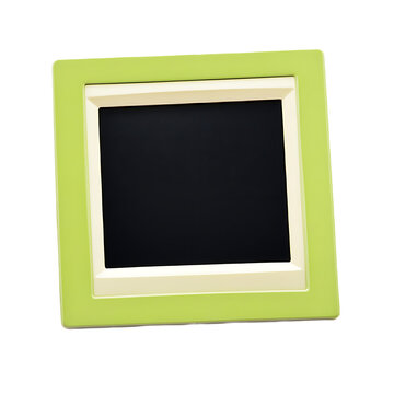 Green digital photo frame with blank black screen modern electronic display for memories isolated on white bac