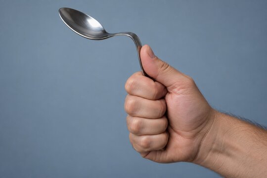 Hand Holding a Bent Spoon in Telekinesis and Psychic Powers Concept