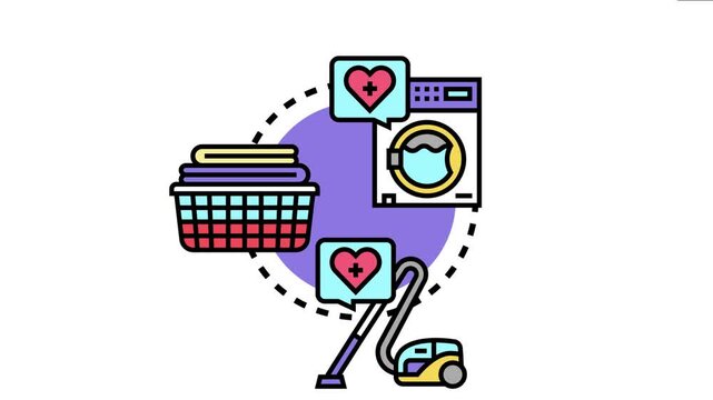 Cleaning appliances, laundry basket, and vacuum cleaner icons household chores, maintaining hygiene, and home care for a healthy living environment