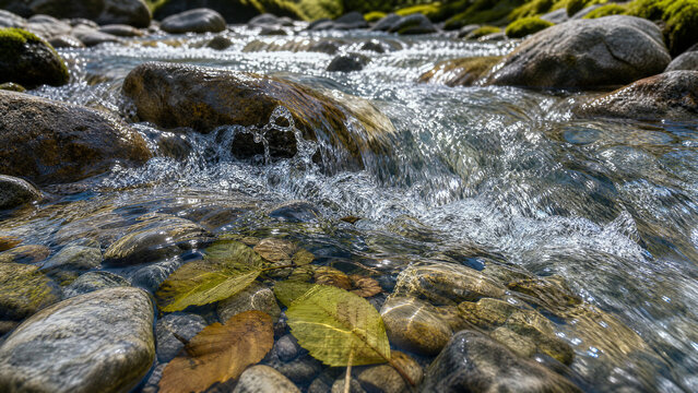 Clear mountain stream flowing over mossy rocks and autumn leaves in a forest creek.