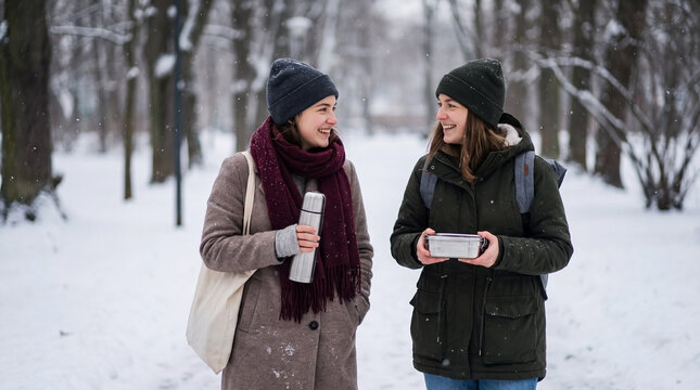 Two women friends smiling and talking, carrying thermoses and wrapped food during a winter park walk for outdoor lifestyle websites, cold weather articles, and friendship content
