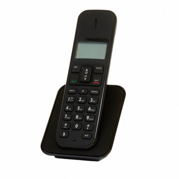 A modern black cordless telephone rests on its charging base, isolated on a white background. This sleek DECT phone, featuring a display and numeric keypad, is ready for home or office communication.