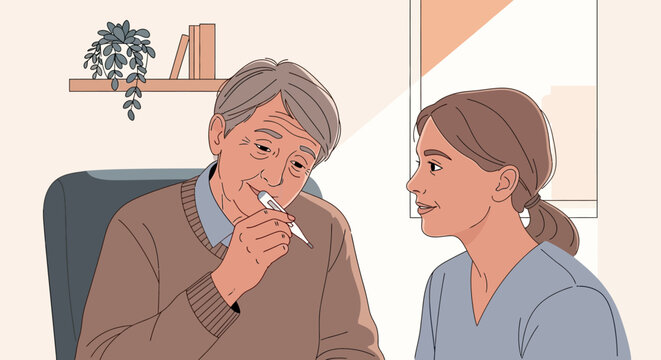 Elderly Man Checks Temperature While Female Caregiver Observes With Concern