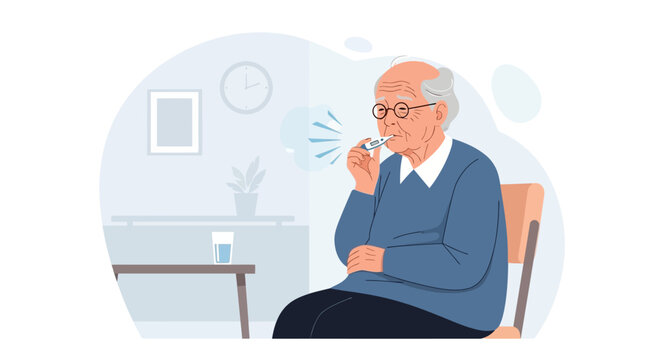 Elderly Man Checks Temperature With Digital Thermometer In Cozy Room