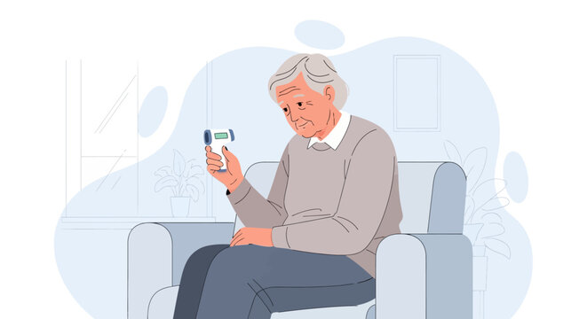 Elderly Man Checks Temperature With Digital Thermometer While Sitting Indoors