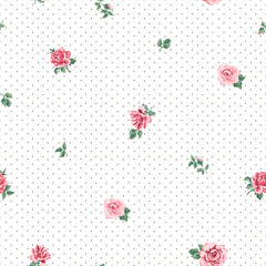 Obraz premium Vintage Pink Rose and Polka Dot Seamless Vector Pattern on White Background, Classic Retro Floral Design for Wallpaper, Fabric and Textile