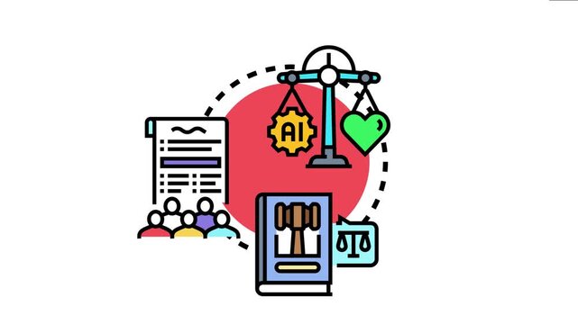 Justice system balancing human factors with artificial intelligence considerations, reflecting digital ethics, legislation, and future legal concepts regulating technology