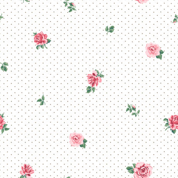 Vintage Pink Rose and Polka Dot Seamless Vector Pattern on White Background, Classic Retro Floral Design for Wallpaper, Fabric and Textile