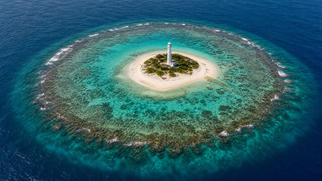 Aerial view of a lonely lighthouse on a tropical island surrounded by a coral reef