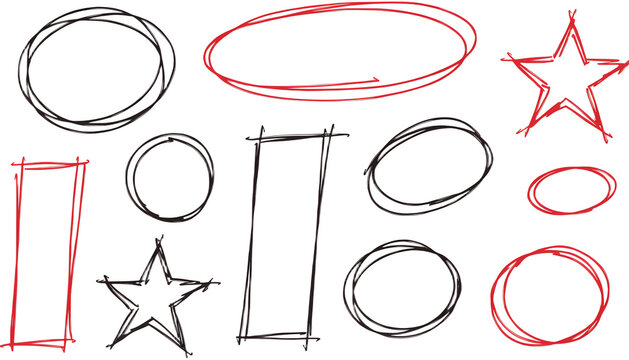 Hand drawn doodle shapes collection. Hasty sketches of circles and stars in red and black. Geometric figures for design projects, illustrations, and education