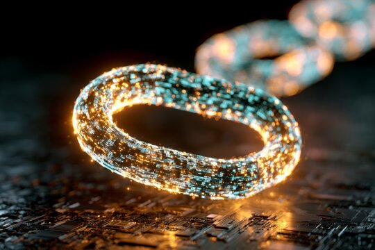 Glowing digital chain links floating above intricate circuitry board for advanced computing concepts with detailed electronic circuit board warm cool light particles