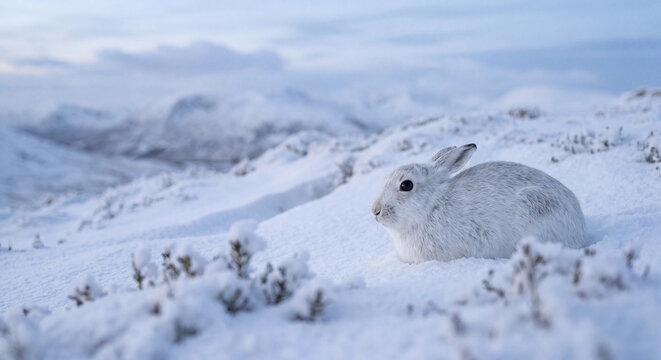 White mountain hare sitting camouflaged in deep snow on winter highland landscape wildlife