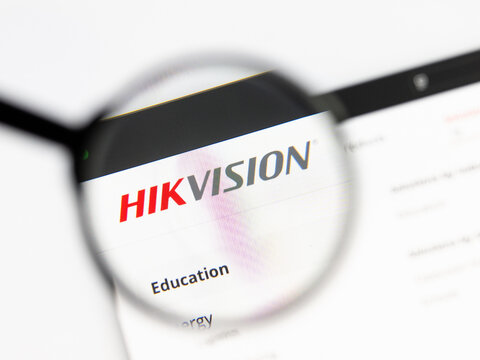 Milan, Italy 2026, 15 AGO Closeup of Hikvision website page on a laptop screen. Focus on Hikvision logo under a magnifying glass.