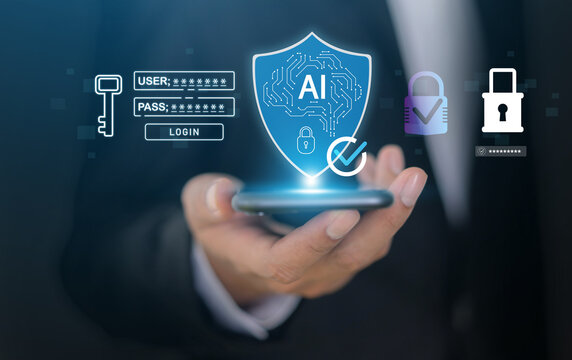 AI security, Businessman with futuristic artificial intelligence safety on digital screen, Corporate AI cybersecurity shield protecting privacy data and system network, Tech innovation business