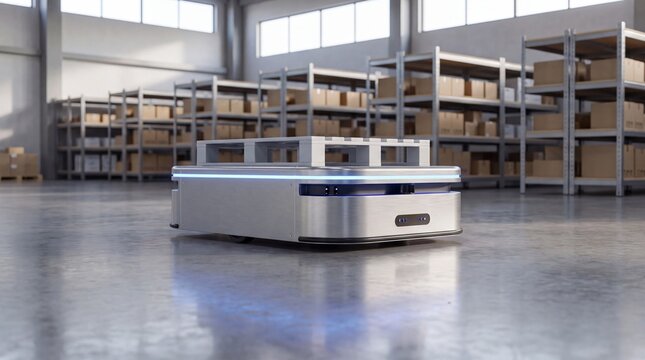 Autonomous guided vehicle transporting empty pallet in modern distribution warehouse