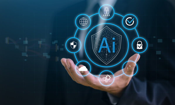AI security, Businessman with futuristic artificial intelligence safety on digital screen, Corporate AI cybersecurity shield protecting privacy data and system network, Tech innovation business