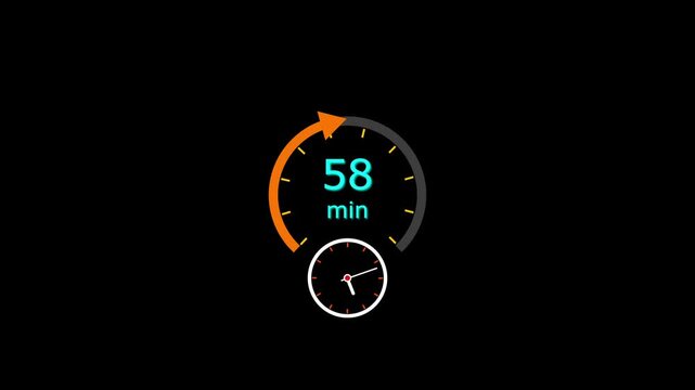 58 Min clock icon animation. 58 minute animation on black background and creating a stunning 4k video.