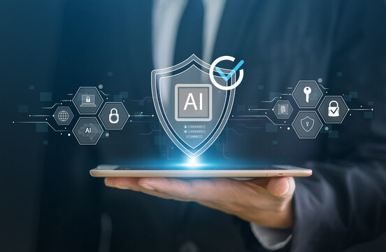 AI security, Businessman with futuristic artificial intelligence safety on digital screen, Corporate AI cybersecurity shield protecting privacy data and system network, Tech innovation business