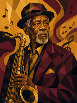 Low Poly Elderly Jazz Saxophonist Portrait Illustration