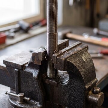 Threaded metal rod clamped in heavy duty bench vise in workshop