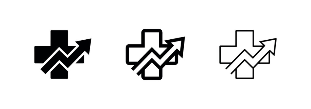 Health Improvement Icons Set - Medical Growth and Healthcare Trend Symbols with Upward Arrow