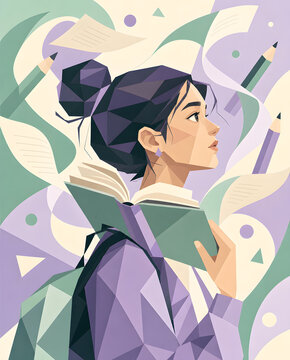 Female Student Low Poly Vector Portrait with Open Book and Backpack