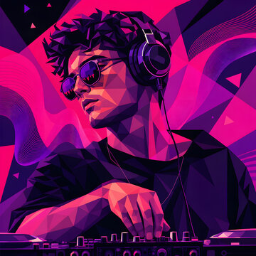 Cool Male DJ Low Poly Vector Portrait with Headphones and Neon Lights