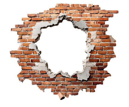 Damaged red brick wall with missing section, revealing texture and depth, perfect for a dramatic design element, isolated on transparent background