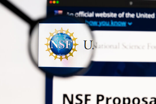 Milan, Italy 2026, 15 AGO Closeup of National Science Foundation NSF website page on a laptop screen. Focus on National Science Foundation NSF logo under a magnifying glass.
