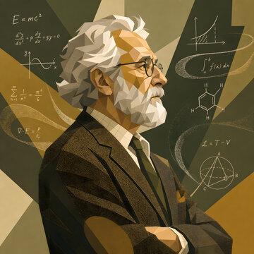 Senior Scientist Low Poly Vector Portrait with Mathematical Formulas Background