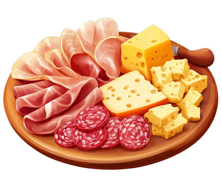 Assorted cured meats and cheeses arranged elegantly on a wooden platter, representing a delicious charcuterie concept, isolated on transparent background