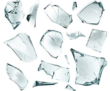 Shattered glass fragments scattered, reflecting light, representing fragility and brokenness, isolated on transparent background
