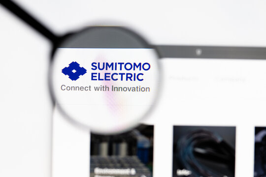 Milan, Italy 2026, 15 AGO Closeup of Sumitomo Electric website page on a laptop screen. Focus on Sumitomo Electric logo under a magnifying glass.