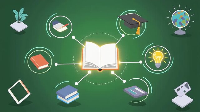 Educational Icons Animation Featuring Open Book and Academic Symbols