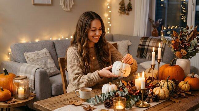Cozy autumn vibes a woman preparing for halloween with pumpkins candles and warm home decorations