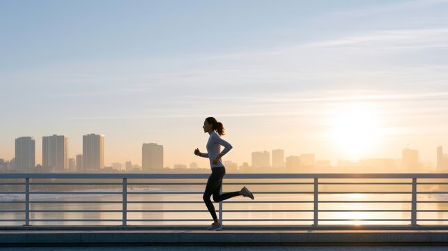 Female runner jogging on a city bridge at sunrise for fitness training background and outdoor wellness banner