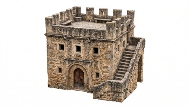 Square ancient stone tower-like structure featuring defensive battlements, an external staircase, an arched entrance, and small windows, isolated on a clean white background, symbolizing strength.