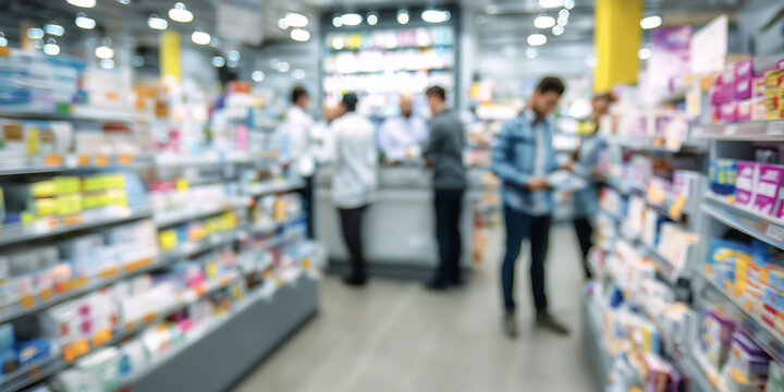 Blurred Busy Pharmacy Interior with Pharmacists Assisting Customers and Stocked Shelves