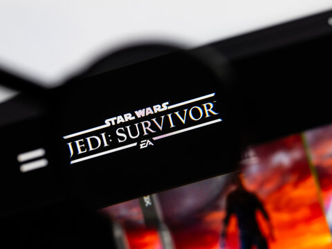 Milan, Italy 2026, 15 AGO Closeup of Star Wars Jedi Survivor website page on a laptop screen. Focus on Star Wars Jedi Survivor logo under a magnifying glass.