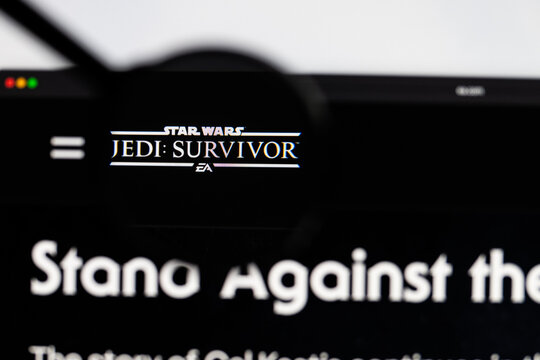 Milan, Italy 2026, 15 AGO Closeup of Star Wars Jedi Survivor website page on a laptop screen. Focus on Star Wars Jedi Survivor logo under a magnifying glass.